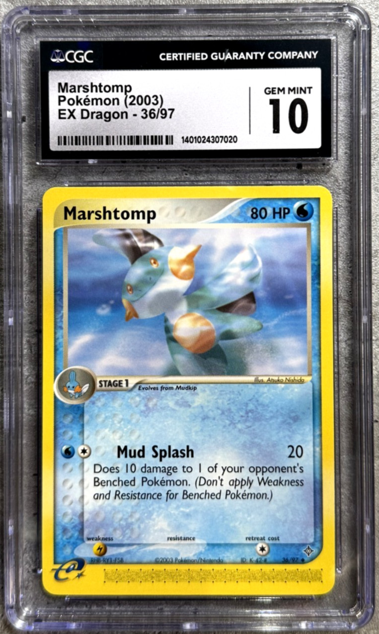 Pokemon Card Marshtomp CGC 10 Gem Mint, e-Reader EX Dragon 36/97, 2003 (1a)