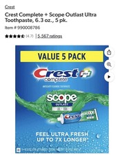 Crest Complete + Scope Outlast Ultra Toothpaste (6.3 Oz., 5 Pk.) free shipping 0.76 per gallon