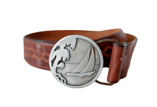 VTG 1977 Indiana Metal Craft Nautical Buckle Tooled Leather Belt Sunset Sailboat