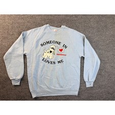 Vintage Jerzees Sweatshirt L Blue Someone In Sheridan Loves Me Dog USA Made Y2K