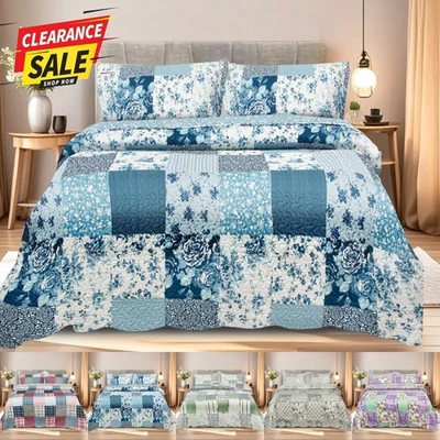 3 PCS Quilted Patchwork Bedspread Bed Throw Bedding Set Single Double King Size - Image 1 of 4