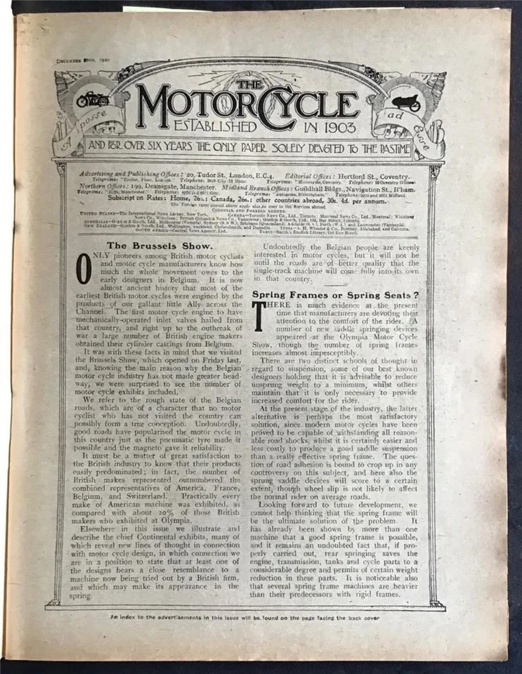 The MOTOR CYCLE Magazine 16 DEC 1920 #No.925 THE BRUSSELS SHOW Unibus - Image 3 of 4