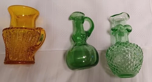 Vintage Lot Of 3 Glass Pitcher Vases 2 green 1 Amber Fenton Hobnail