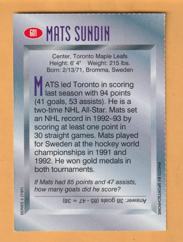 Mats Sundin Toronto Maple Leafs 1997 Sports Illustrated for Kids II #601 - Image 2 of 2
