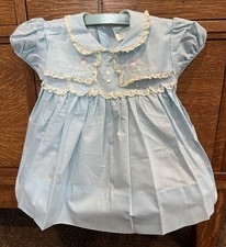 Vtg Nannette Baby Doll Girl Blue Cotton  Lace Dress w/ Embroidery 12 mos
