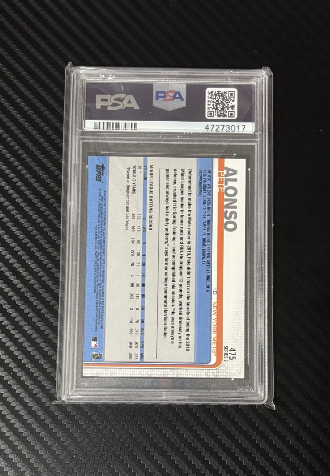 Pete Alonso 2019 Topps Series 2 Rookie Card #475 PSA 10 RC view 2