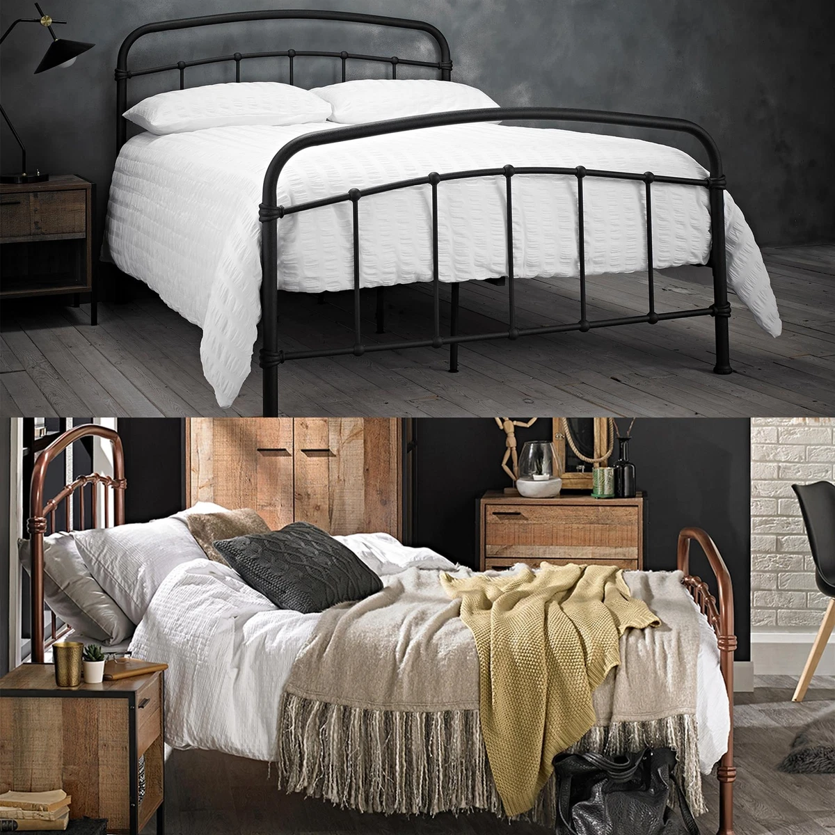 HALSTON METAL FRAME BED RAIL INDUSTRIAL DESIGN 3FT SINGLE 4FT6