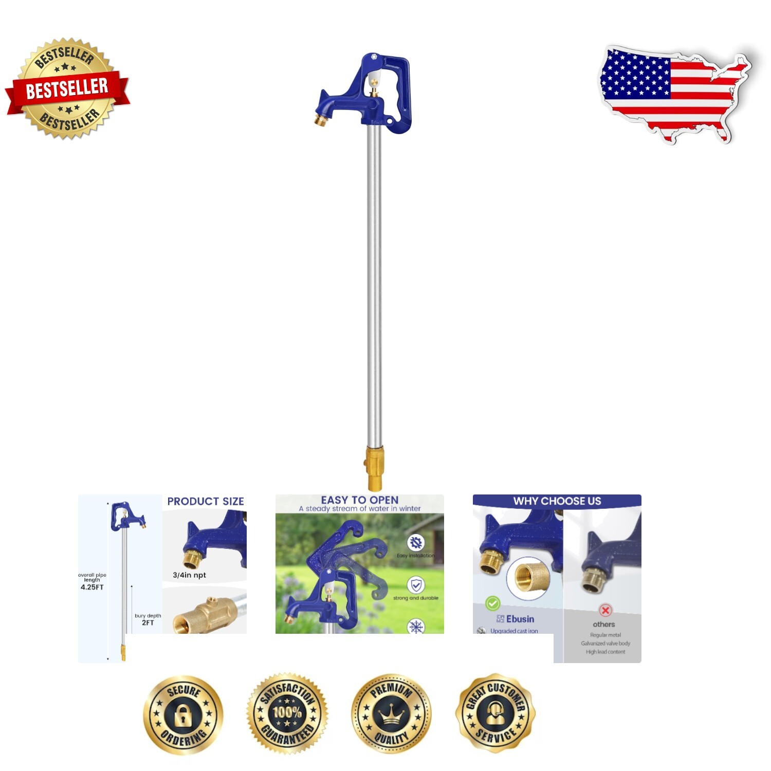 Lead-Free 4.25FT Frost-Free Water Hydrant - Ideal for Irrigation & Drinking