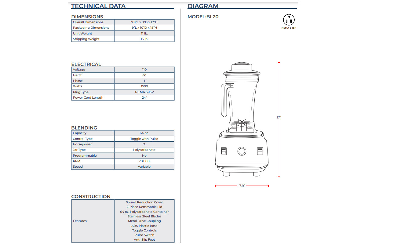 Prepline BL20-Q Quiet Top 64oz Commercial Blender 2HP with Sound Cover - 110V