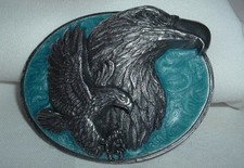 VINTAGE SISKIYOU BUCKLE CO. AMERICAN BALD EAGLE PEWTER ENAMEL BELT BUCKLE