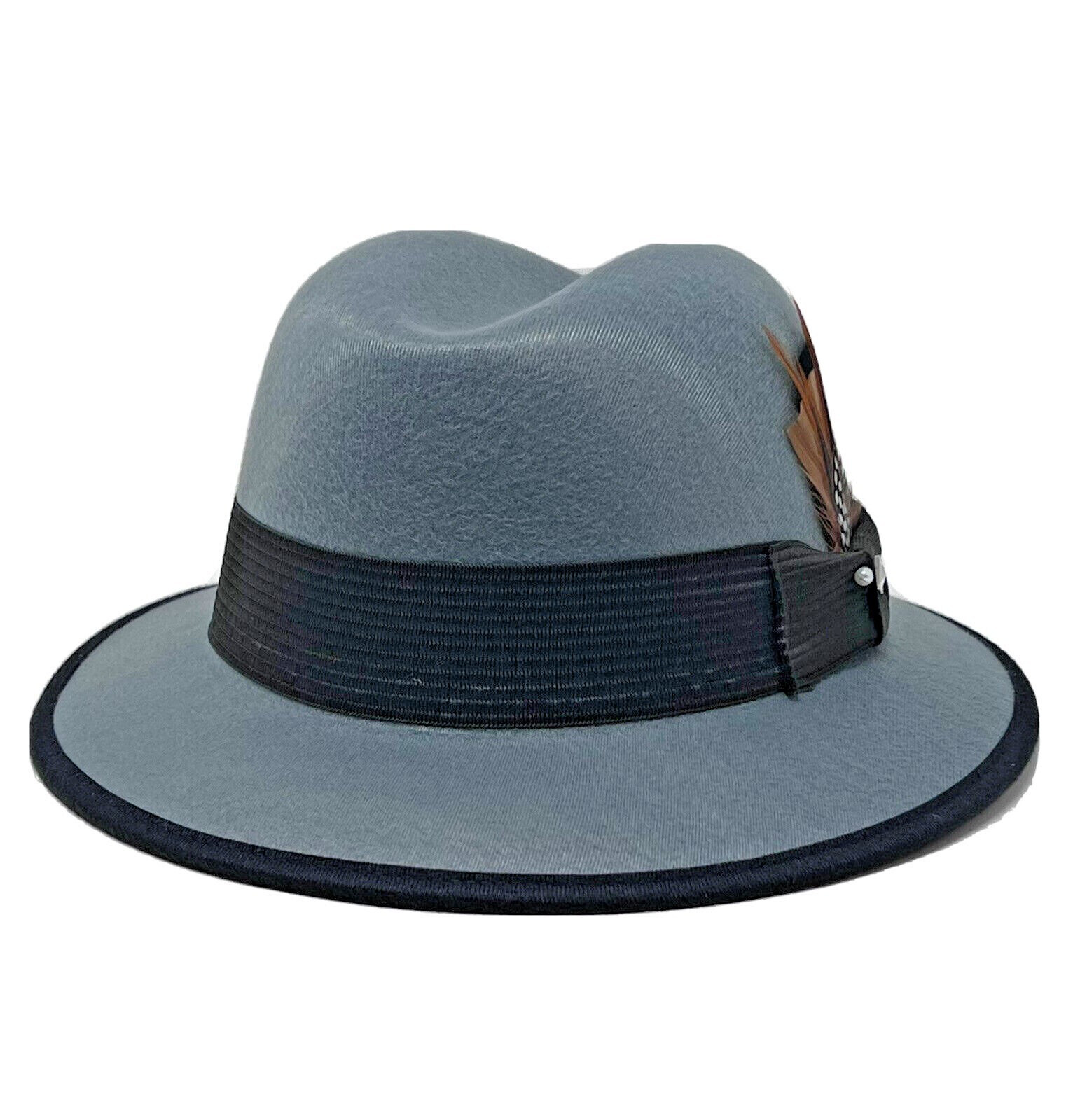 Mens Grey Felt Lowrider Fedora Hat (Whittier) With Brown Combo Feather