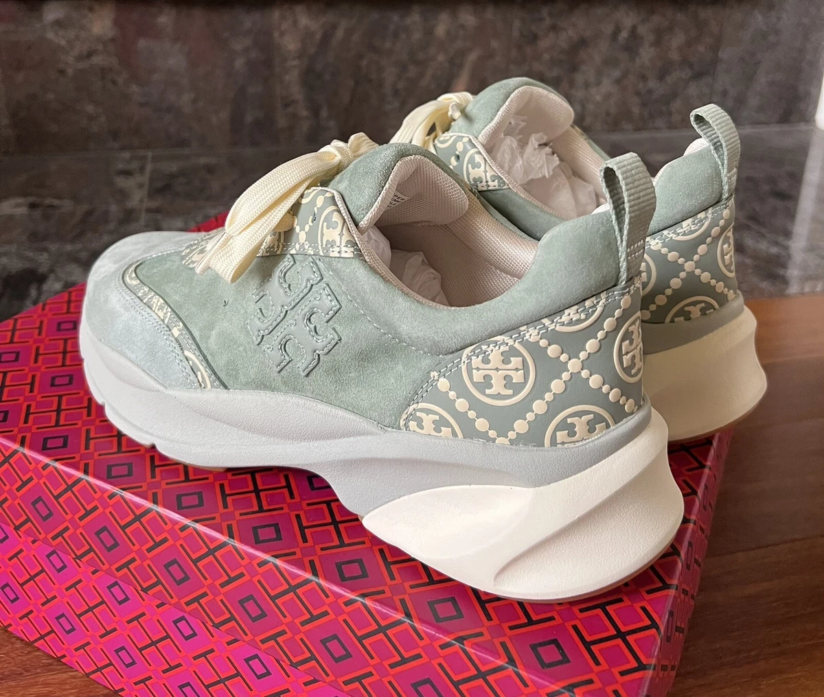 NIB TORY BURCH T Monogram Good Luck Trainer Blue Celadon Women's Shoes Size  9.5M