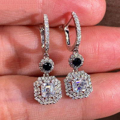 Lovely 2Ct Lab Created Princess Diamond Halo Drop Earrings 14K White Gold Plated