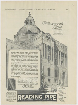 1927 Reading Pipe Ad: Congressional Library Building Pic - Washington DC