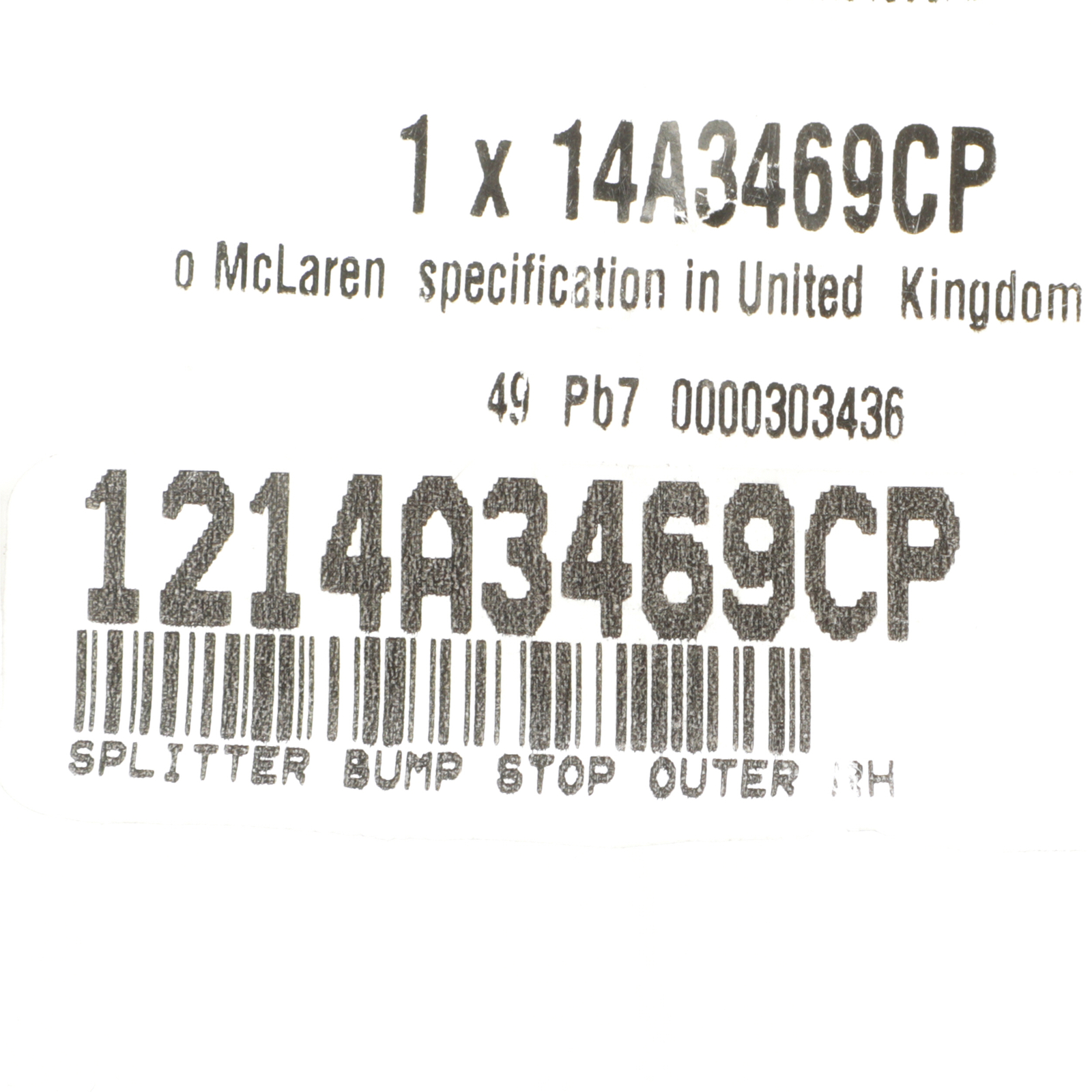 Genuine McLaren Splitter Bump Stop Outer RH 1214A3469CP