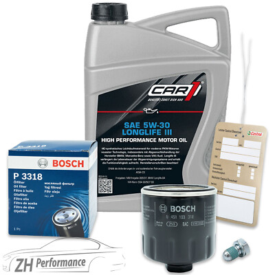 BOSCH Inspektionspaket + 5L Car1 5W-30 LL Motoröl für VW Polo Golf Seat Skoda