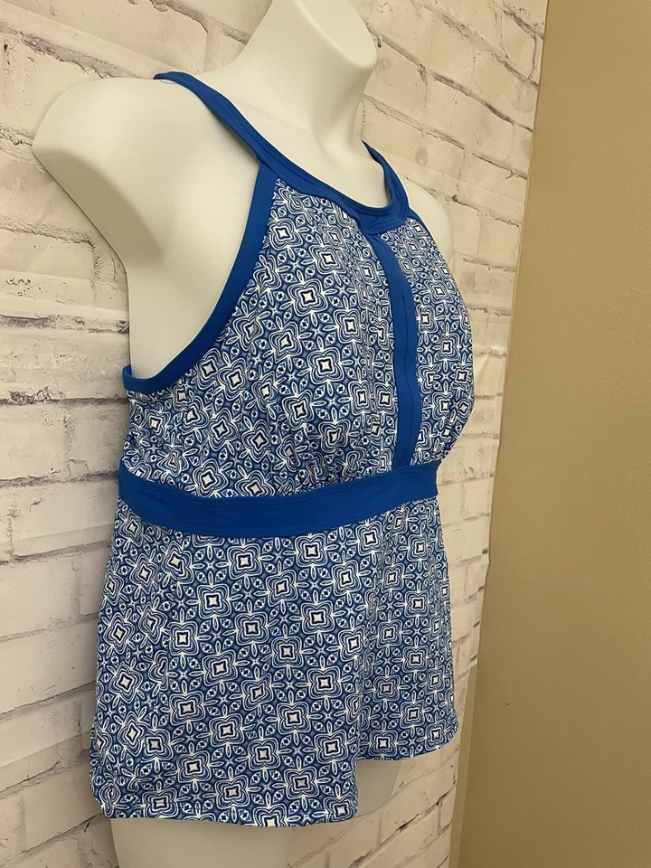 Lands’ End Blue White Floral High Neck Modest Tankini Swimsuit Top 18W DD Resort - Image 3 of 4