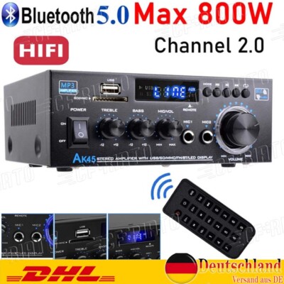 800 W 2-KANAL Bluetooth5.0 Stereo Verstärker Amp HIFI Tuner Audio USB SD FM Auto