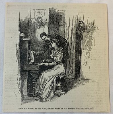 1893 magazine engraving ~ WOMAN BEING OBSERVED AS SHE PLAYS THE PIANO