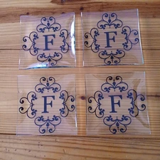 Mango Moon Set (4) 6" Monogram Glass Plates Letter "F" No Chips