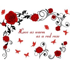 Rose Flower Vine Butterfly Love Quotes Wall Stickers, Valentine Wall Decal Re...