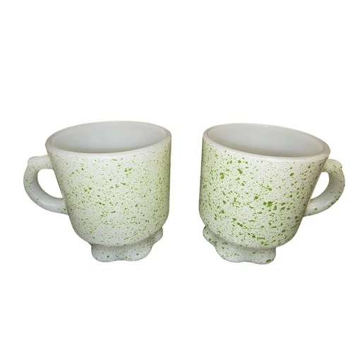 Vintage Anchor Hocking Fire-King Green Speckled Beer Mugs Set 2 Stackable Glass