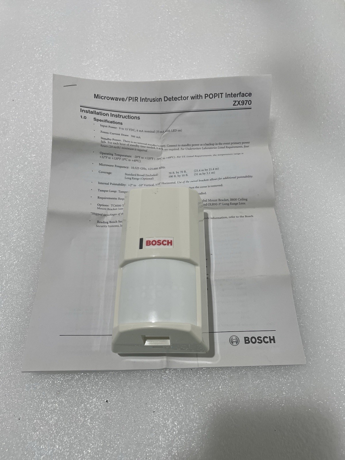 Bosch ZX 970 PIR/Microwave 70’ Range POPIT Detector New!!