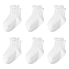 Toddler Girls Ruffle Socks: 6 Pairs Cute Frilly Non Slip Baby 1-3T C01-white