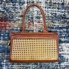 Vintage Purse 1960s Wicker Handles Brown Leather Rattan Boho Woven