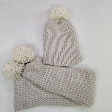 Cream Knit Beanie Hat  Scarf Set with Pom Poms Ends 64 inch Long Winter Cute