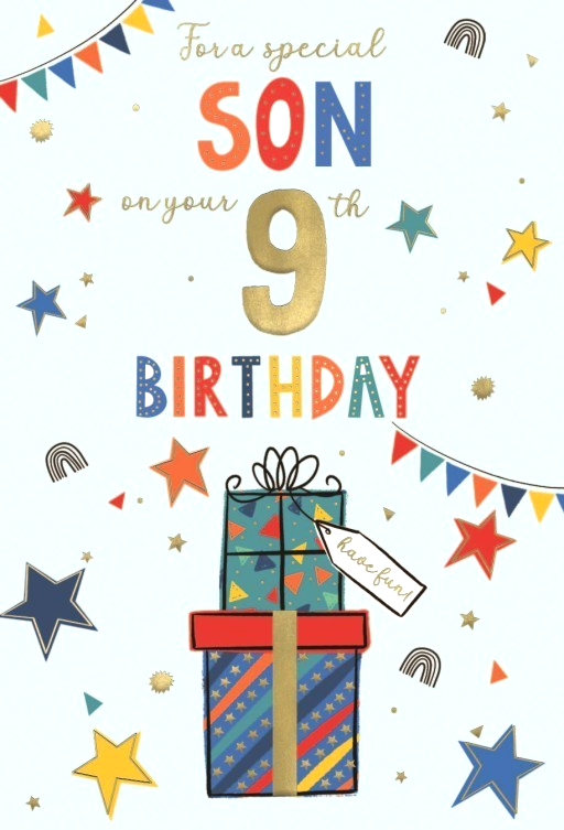 Birthday Card SON 9th 9. 9"" Card *Gold foiling, and paper pages inside*
