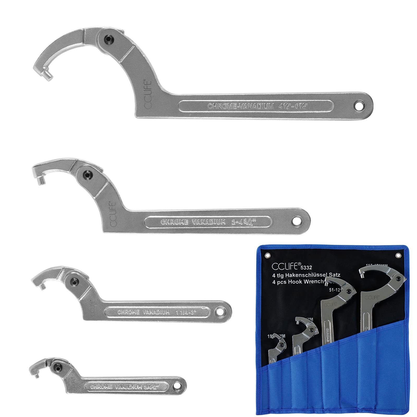 Chiave a Gancio Regolabile 19-170mm Set 4 Pezzi - Qualità Top