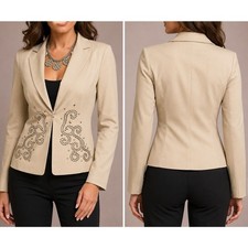 Cache Metal Stud Embellished Lined Top Jacket Lined Sand Beige NWT 188 Sz 2