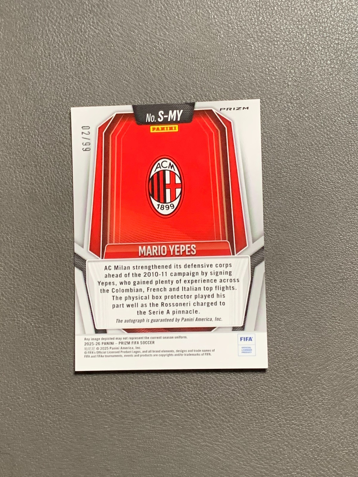 2025-26 Panini Prizm FIFA Mario Yepes Orange Auto 02/99 AC Milan view 2