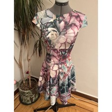 Ted Baker London Floral Scuba Skater Dress Pink Teal Rose Gold Zip Size 0 (US 2)