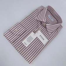 Eton Dress Shirt Men XL 17 1/2 - 44 White Brown Striped Signature Twill Slim Fit