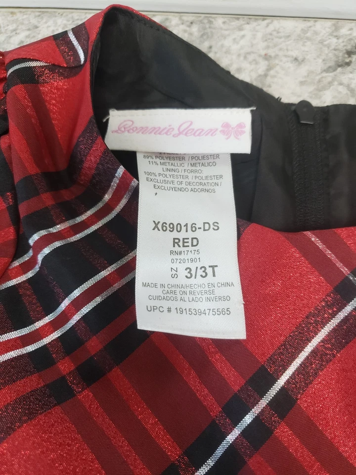 Vestido a cuadros para niñas 3/3T con lazo negro Macy's Bonnie Jean traje de vacaciones Foto 3 de 4