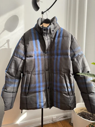 Giubbotto piumino uomo Burberry nuovo con etichetta Digby Check reversibile grigio blu large L