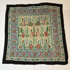 Vintage Floral Landscape Black Red Green Hand Rolled Scarf 31  x32" Square