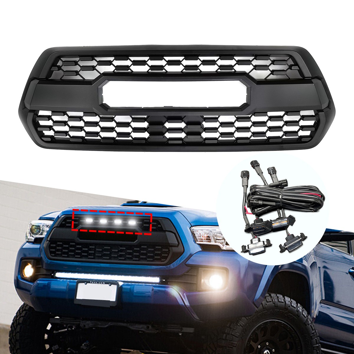 For Tacoma Hood Grill 2016-2023 Bumper Grille With Accessories+4 LED Matte Black