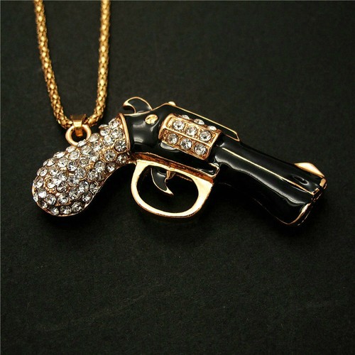 Fashion Women Crystal Black Enamel Pistol Gun Revolver Pendant Chain ...