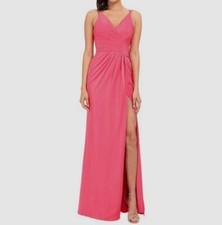 664 Faviana Womens Pink Satin Ruched V-Neck Sleeveless Gown Formal Dress Size 2