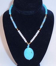NATASHA TURQUOISE OVAL STONE,BLUE+WHITE BEADS+GOLD CHAIN,PENDANT,CHARM NECKLACE