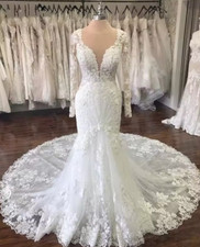 Mermaid Long Sleeve Wedding Dresses Lace Scoop Neck Backless Bridal Dress Robe