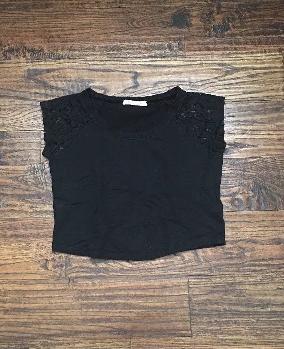 Black Lace-Shoulder Crop Top - Size S  -image