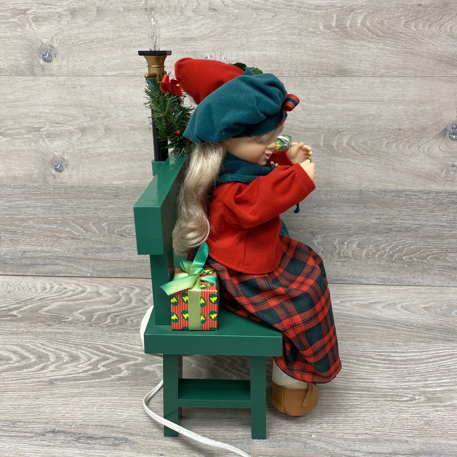 Vintage Animated Christmas Figures Boy and Girl on Bench Lamp Post