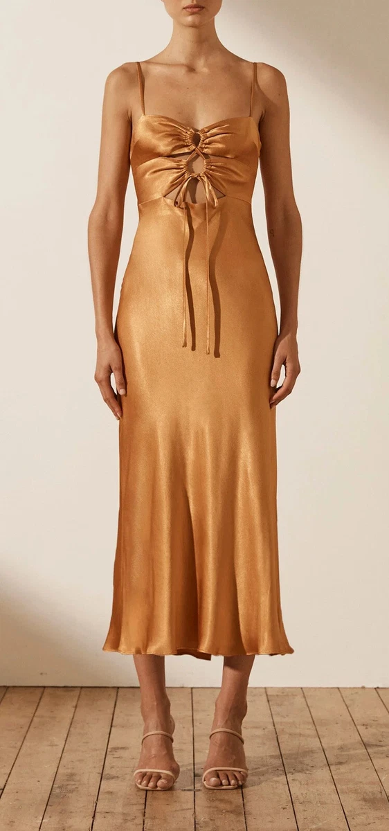 Shona Joy ALMA LACE UP MIDI DRESS Tumeric Size 10 SLEEVELESS Stain