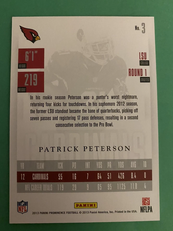 2013 Panini Prominence Gold /199 Patrick Peterson #3 Arizona Cardinals - Image 2 of 2