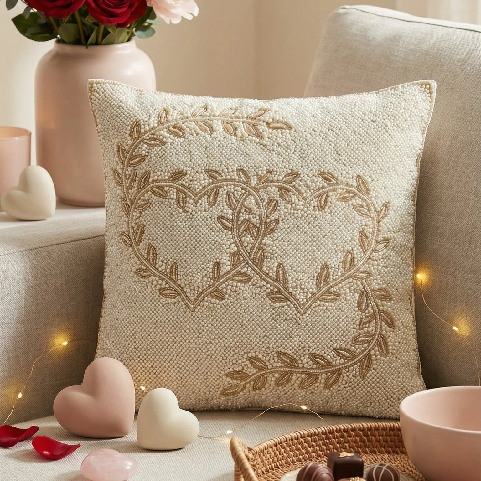 Beaded Heart Throw Pillow Cover, Ivory & Gold Floral Interlocking Heart Design,
Opens in a new windo