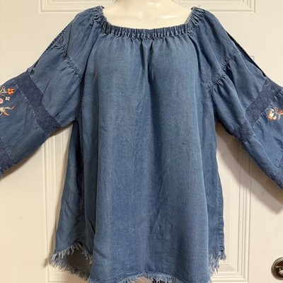Ali Miles Denim Blouse Peasant Embroidered Raw Hem Bohemian Fairy Large Western